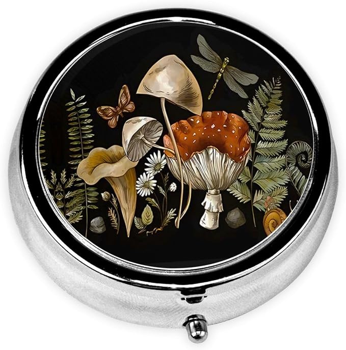 Pill Box, Small Pill Organizer with 3 Compartments and Mirror, Cute Round Portable Travel Metal Pill Case for Pocket or Purse, Privacy-Protecting Medicine Box-Retro Mushroom