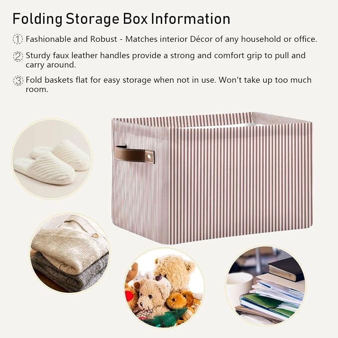 Brick Red White Stripes Storage Basket with Handles Collapsible Canvas Storage Bin Toy Decorative Basket Closet Organizer for Nursery Bedroom Home