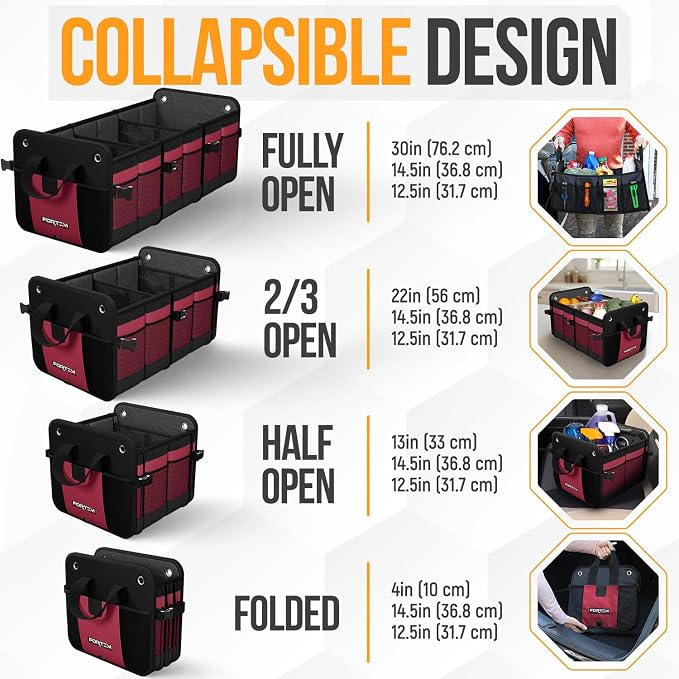FORTEM Trunk Organizer - Collapsible Car Organizer & Storage Bag for SUVs | Car Accessories for Men & Women, Cooler Bag, Non Slip Bottom, Straps, Soft Cover, 1680D Oxford, 6 Compartments, Red, 90L