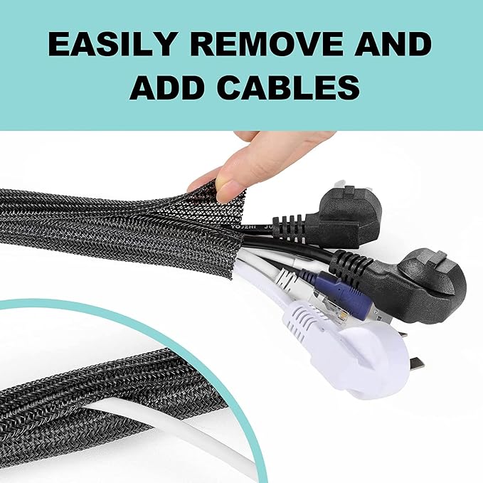 AGPTEK Cable Sleeve, 10ft - 1.5 inch Cable Management Cord Hider, Black | Desk Cord Cover Organizer Wire Hider for Office Computer TV Wire Loom Tubing Pet-Proof Cord Protector from Cat Dog Chewing