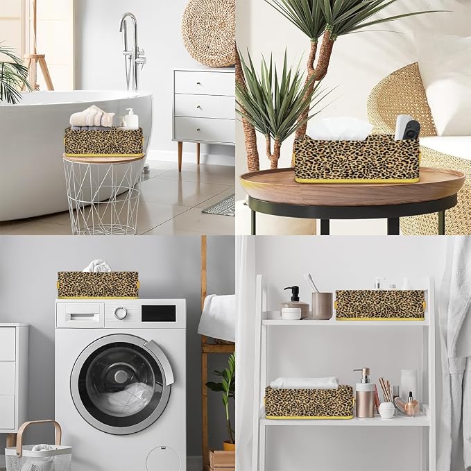 Leopard Skin Animals Bathroom Storage Basket, Foldable with Handle Open Countertop Paper Towel Decorative Box, Toilet Tank Top Shelf Baskets for Home Closet Bedroom Living Room Office