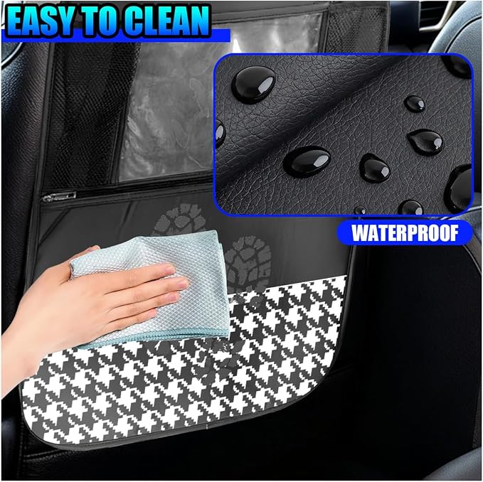 Car Kick Mats Back Seat Protector, Multifunctional Leather Car Rear Seat Hanging Storage Bag, Easy-to-Clean Auto Interior Backseat Organizer Accessory for SUVs, Trucks, Cars (Grid)