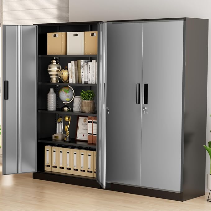 Greenvelly Metal Storage Cabinet with Doors and Shelves, 72" Inch Locking Metal Cabinet,Garage Storage Cabinet for Garage Office School Warehouse (Black Gray)