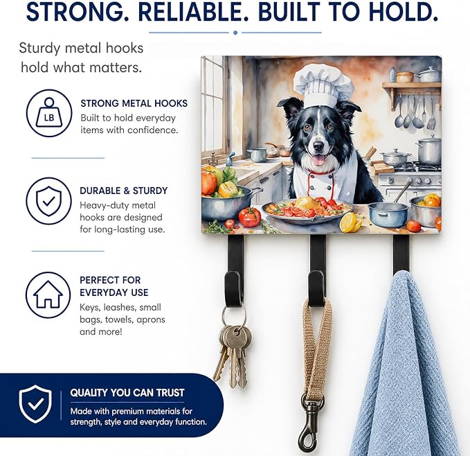 Caroline's Treasures Border Collie The Chef Leash or Key Holder Wall Hooks, Key Hooks Holder, Coat Rack Wall Mount, Coat Hooks, Hooks for Hanging Keys, Towels, Aprons, Leashes | Border Collie The Chef artwork on ceramic tile with three steel hooks for ...