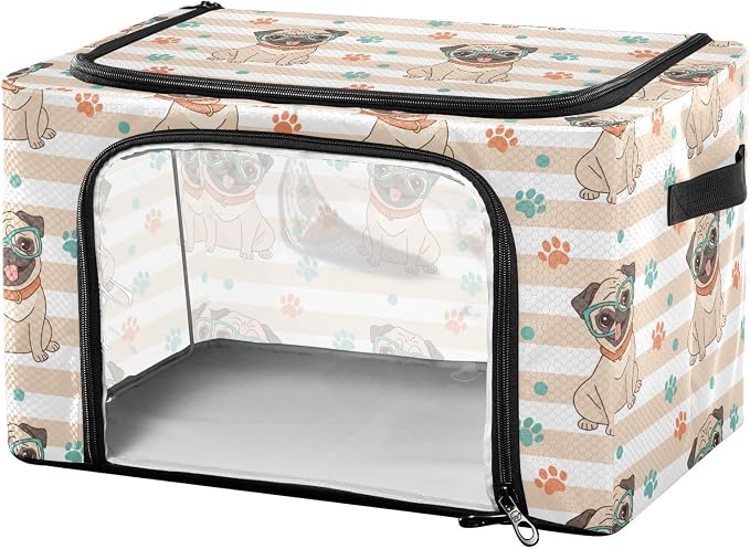 Cute Pets Pug Beige print Under Bed Storage Containers with Double Zipper Openings, Foldable Clothes Storage Bins with Clear Window and Handles for Blankets Comforters Bedding