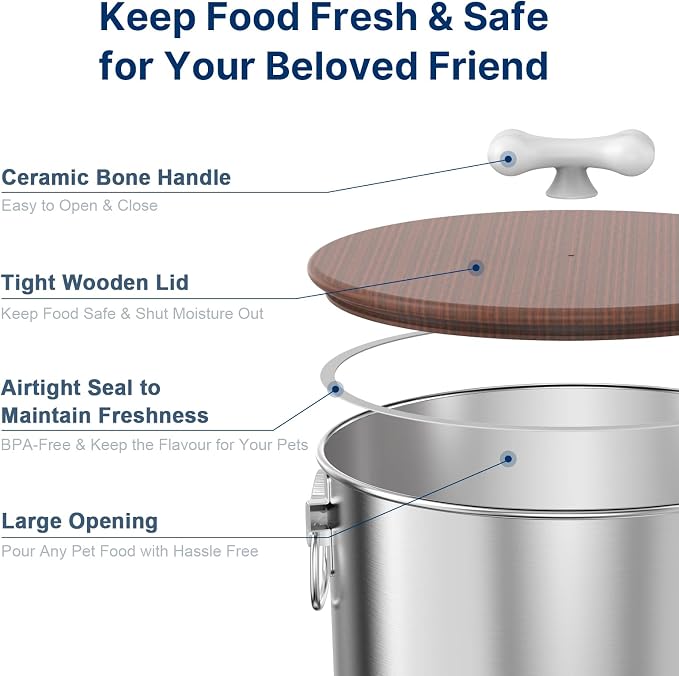 Paw Libero 25 Lbs Stainless Steel Dog Food Storage Container with Airtight Wooden Lid & Ceramic Bone Handle, Large Metal Dog Food Bin for Dogs & Cats, Keep Fresh, Easy to Clean