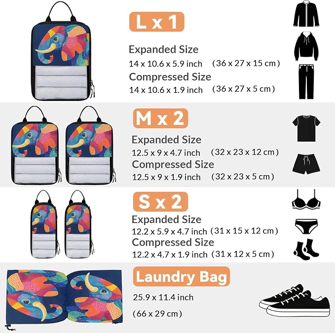 Elephant 6 Set Compression Packing Cubes Wild Animal Expandable Packing Organizer for Travel Accessories Luggage Suitcase Bag
