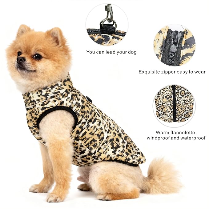 Idepet Pet Dog Cat Coat with Leash Anchor Color Patchwork Padded Puppy Vest Jacket Teddy Chihuahua Costumes Pug Cloth XS S M L(X-Small,Leopard)