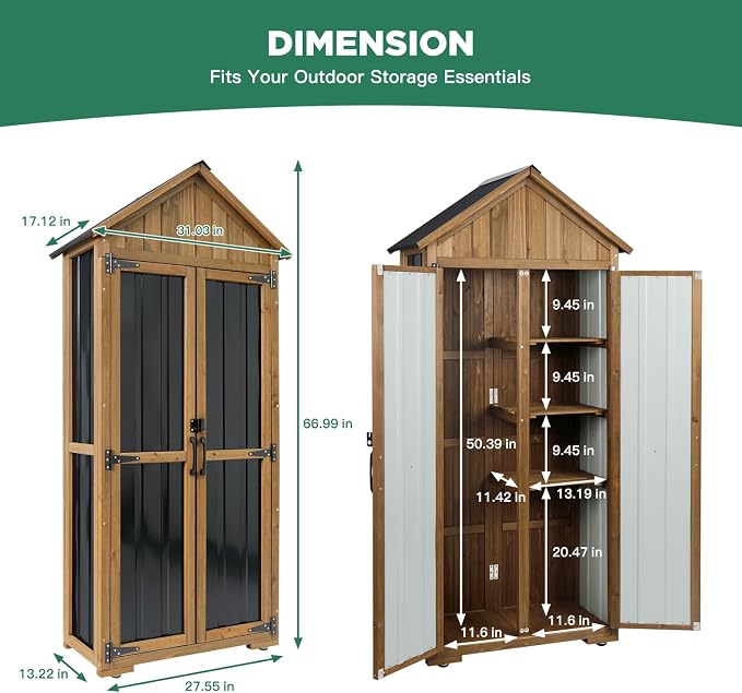 Ketive Outdoor Storage Cabinet, Wood & Metal Storage Shed with Weather-Resistant Roof, Adjustable Shelf, Lockable Doors & Adjustable Feet, for Garden, Patio, Backyard, 27.5" x 13" x 67"