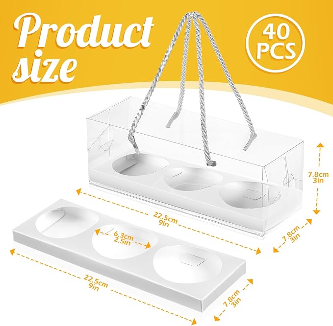 Thenshop 40 Pcs Clear Cupcake Boxes 9x3x3 in 3 Compartment Holder,White | Transparent Holders with Handles, Individual Pastry Display for Wedding Graduation Party Favors Cookies Treats Gifts