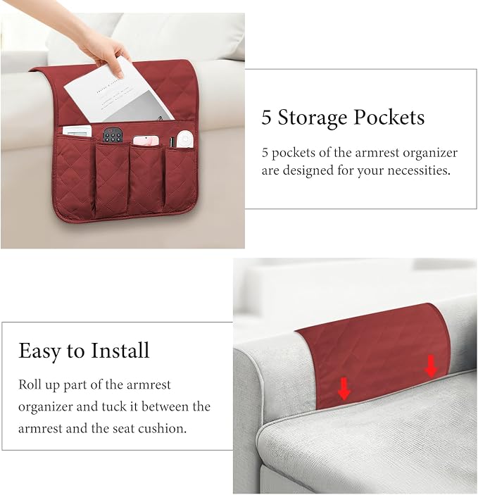 Armchair Caddy for Recliner, Non Slip Sofa Arm Organizer, Red | 5-Pocket Recliner Armrest Organizer, Couch Side Storage Holder for Remotes, Cell Phone, Magazines & Tablets, Machine Washable