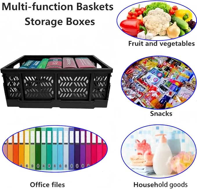 4-Pack 20L Foldable Storage Crates, Heavy Duty Plastic Milk Crates for Storage, Multi-Purpose Collapsible Basket with Handle Suitable for home, office storage, Halloween, Christmas party, Black