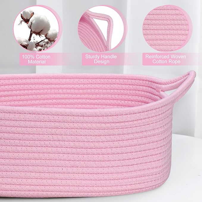 ABenkle Small Storage Basket with Handles, Cotton Rope Woven Dog Cat Toy Bin, Decorative Shelves Closet Organizing for Nursery Laundry Bedroom Bathroom, 14.2''x 11''x 5.1''