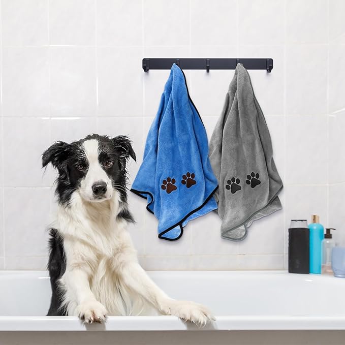 Fasmov 4 Pack Microfiber Dog Towels, 40"x 20" Large Pet Bath Towel, Microfiber Absorbent Towel Pet Bathing Supplies Quick Drying Paw Towel for Large, Medium or Small Dogs Cats Shower (Grey, Blue)