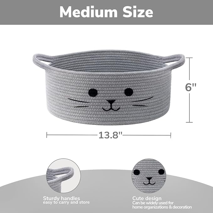 Medium Woven Rope Cat Toy Basket with Cat Face, Grey | 13.8" x 6" Cat Toy Storage Bin for Living Room & Nursery, Pet Gift Basket Empty with Sturdy Handles, Cozy Cats Bed