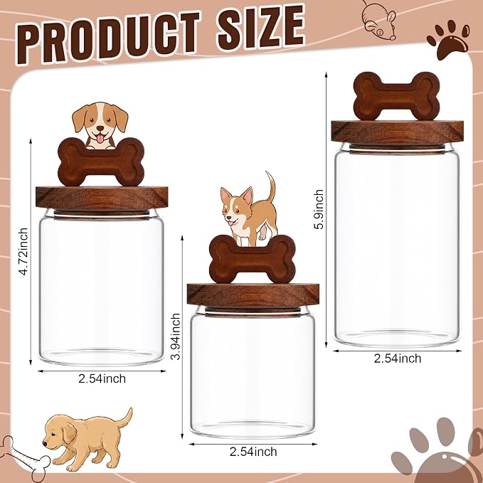 3 Pcs Glass Dog Treat Container, Dog Cookie Jar with Wood Lid | 3 Sizes, Airtight Pet Food Storage Container, for Countertop, Treats Canister, Doggie Cookie, Pets