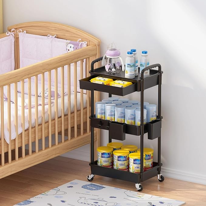 3 Tier Rolling Utility Cart with Drawer, Plastic Storage Organizer Rolling Carts with Wheels Handles Hanging Cups Hooks for Office, Bathroom, Kitchen,Craft Art Room (Black)