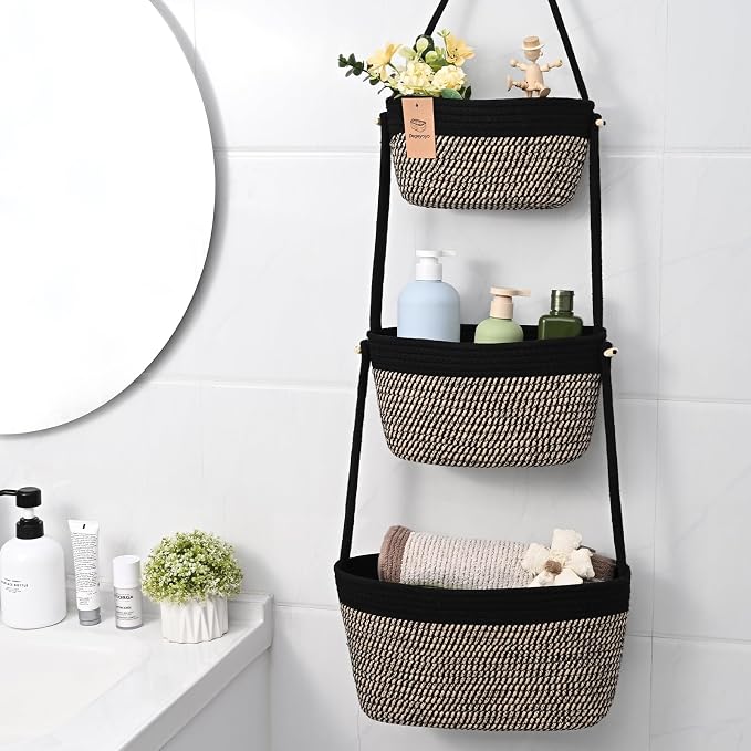 Hanging Basket, 3-Tier Woven Wall Basket with 4 Hooks, Cotton Rope Storage Baskets, Over the Door Organizer for Nursery, Bedroom, Cottage and Boho Wall Decor