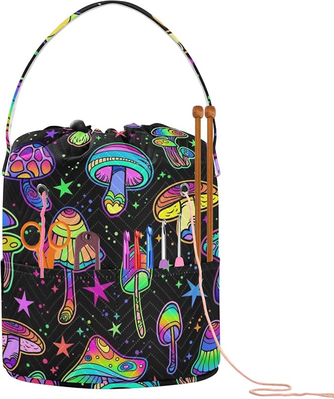Fustylead Colorful Psychedelic Mushrooms Yarn Knitting Crochet Drawstring Bag with Customized Front Compartment, Portable Large Storage Basket for Crocheting Project, Kit, Yarn Ball, Needles