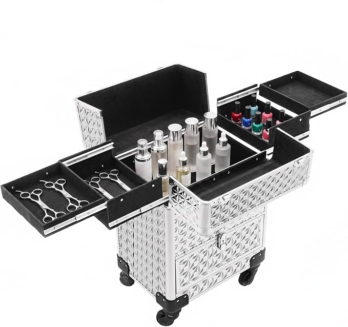 Rolling Makeup Train Case, Aluminum Cosmetic Trolley Organizer with 4 Universal Wheels, Large Capacity Travel Case with Lock for Nail Artist, Hairstylist in Salon, Studio, Travelling (Silver)