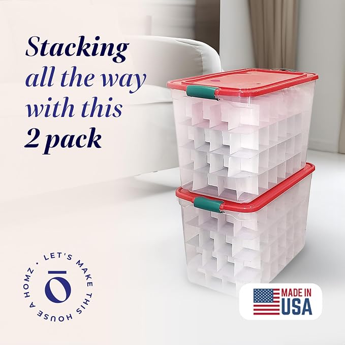 HOMZ 2-Pack Holiday Tote, Clear Plastic Storage Bins w/Lids & Dividers, 112 Quart, Red - Stackable Organizing Containers for Christmas Ornament Decorations, Gift Wraps, and Crafts