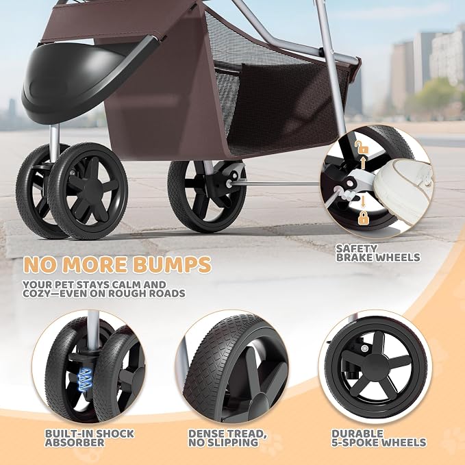 Magshion 3-Wheel Pet Stroller for Small/Medium Dogs & Cats, Up to 33lbs | Foldable Travel Jogger w/ Breathable Mesh Cover, Lightweight Design, Safety Tethers, Cup Holder & Storage Basket