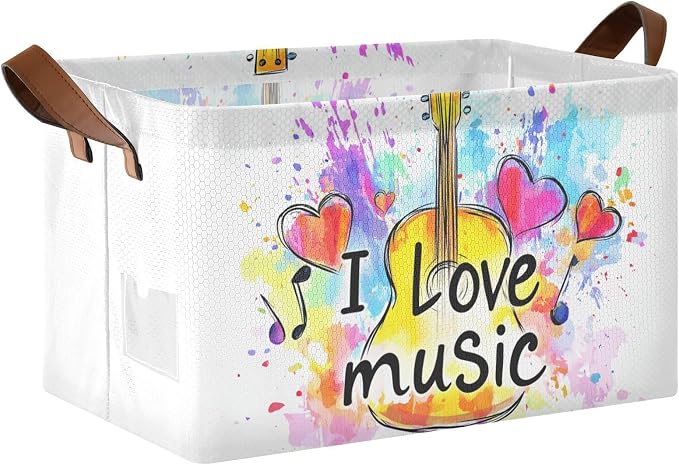 I Love Music Quoted Musical Guitar Storage Basket Foldable Cube Storage Bins with Handles&Label Collapsible Organizer Box Bin Large Rectangle Decorative Baskets for Shelves Home Living Room Closet