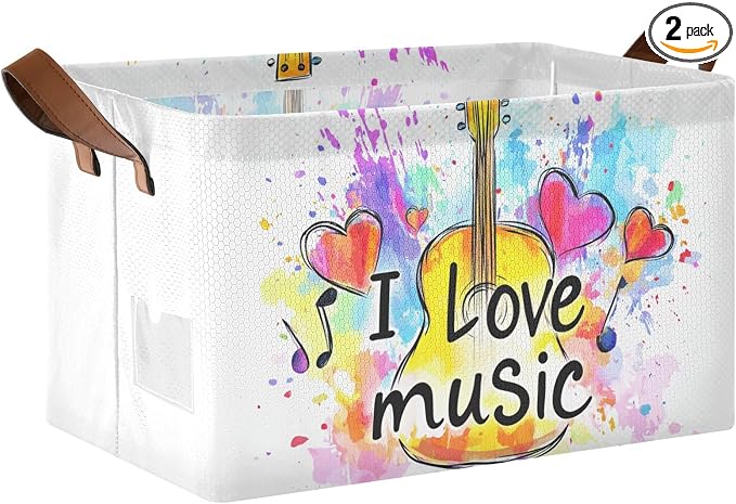 I Love Music Quoted Musical Guitar Storage Basket Foldable Cube Storage Bins with Handles&Label Collapsible Organizer Box Bin Large Rectangle Decorative Baskets for Shelves Home Room Closet, 2 Pack