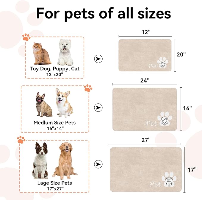 Dog Cat Feeding Mat-Absorbent Pet Bowl Mat for Food and Water, Quick Dry Water Dispenser Mat for Floors with Waterproof Rubber Backing, Puppy Cat Placemat Mats for Messy Drinkers,16"x24",Taupe