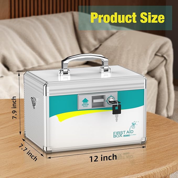 Glosen Medication Lock Box with Key, 2-Layer Medicine Lock Box with Meds Tray, Portable First Aid Box with Handle & Shoulder Strap for Home, Travel(12x7.7x7.9Inch)