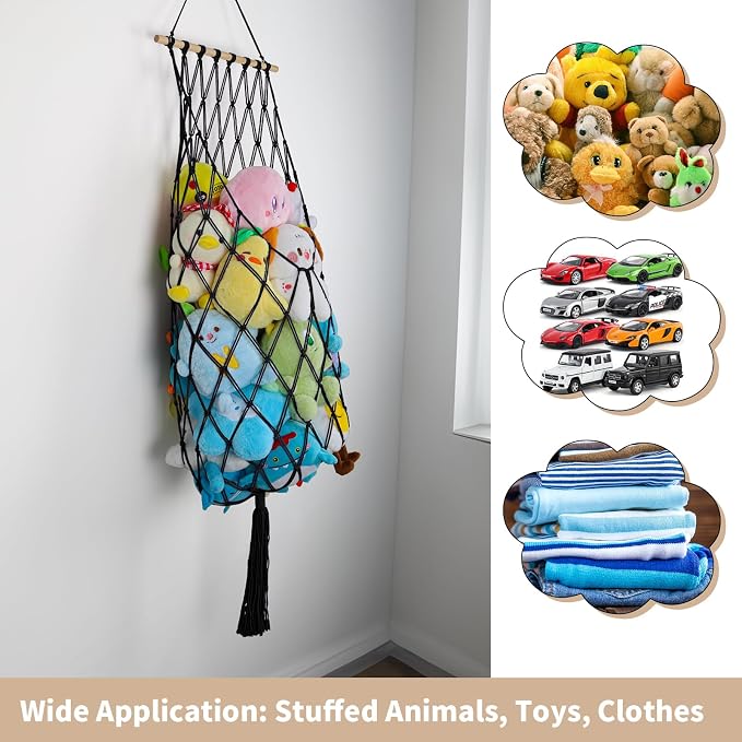 68 Inch Stuffed Animal Storage Net Corner Stuffy Hammock,Black | Boho Macrame Large Toy Hammock for Stuffed Animals Organizer,Wall Ceiling Over Door Stuffy Storage Holder,Nursery Room Decor