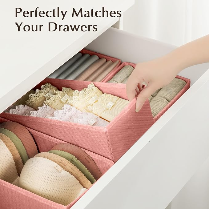 DIMJ Drawer Organiser System, Drawer Organiser, Foldable Storage Box, Fabric, Drawer Inserts for Wardrobes, Wardrobe Organiser for Trousers, Clothes, Set of 4, Pink