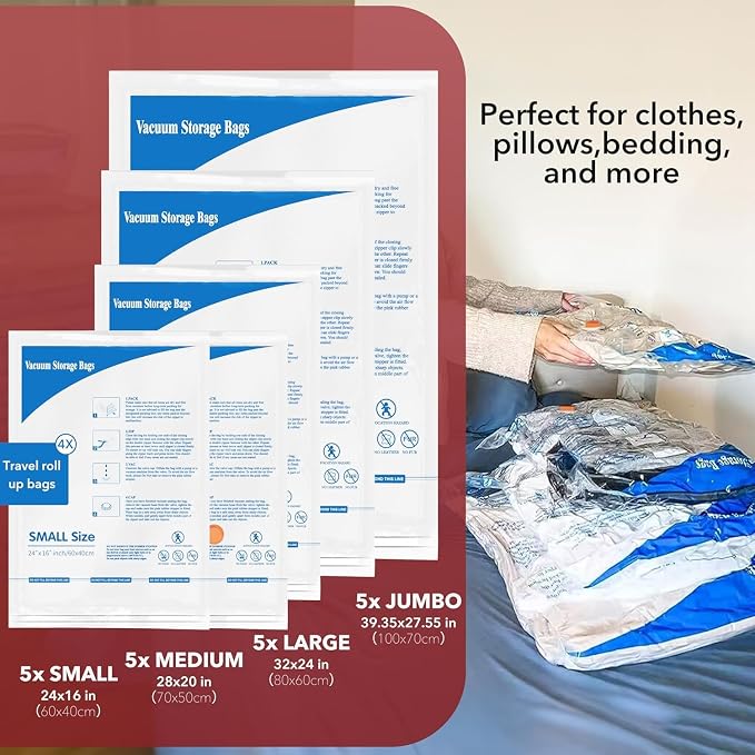 Vacuum Seal Bags for Clothing Travel & Home Storage, travel vacuum bags with pump, Store Blankets, Comforters, Pillows, Seasonal Clothes Compactly,36 Pack With Electric Pump