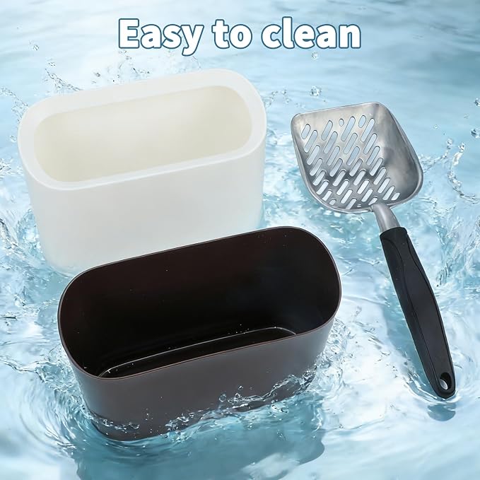 Metal Cat Litter Scoop with Holder, Detachable Caddy Set, White | Aluminum Sifting Shovel, Detachable Caddy with Lid, 12 x 4 x 1.5 in Scoop, 8 x 2.9 x 5.9 in Caddy, Curved Grip, Easy Rinse