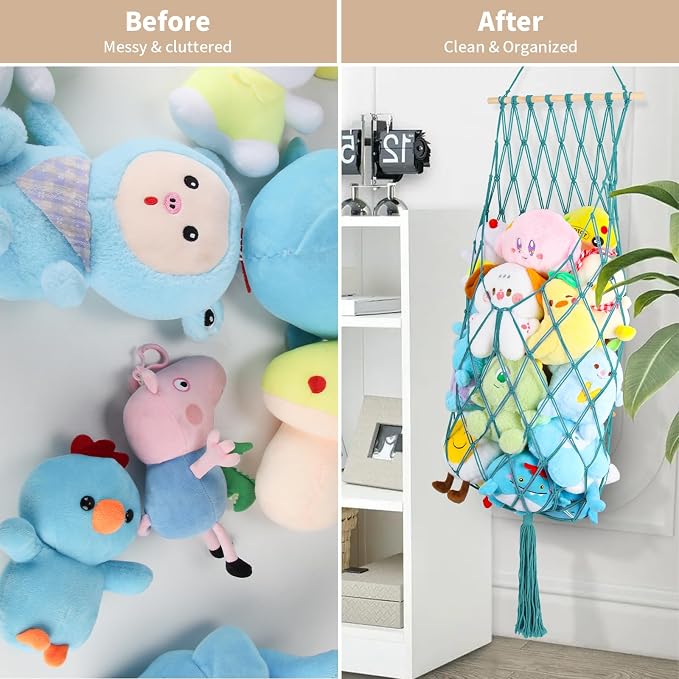 68 Inch Stuffed Animal Storage Hammock Corner Plushie Net,Aqua | Boho Macrame Large Toy Hammock for Stuffed Animals Organizer,Wall Ceiling Over Door Stuffy Storage Holder,Nursery Room Decor