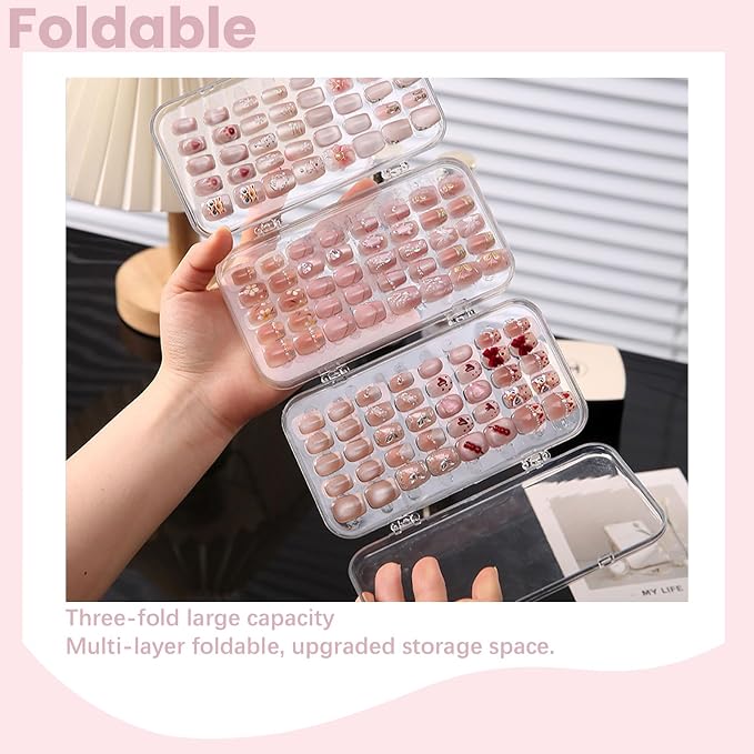 Tri-Fold Press On Nail Organizer Case - 4-Page Portable Storage Box for Fake Nails, Clear PET Plastic Travel Holder (6×3.2×1.8 inch)