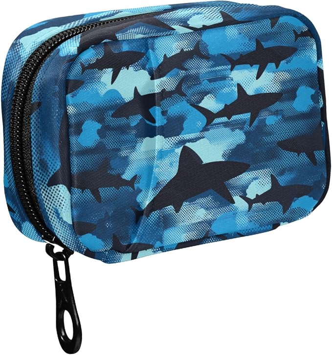 Fustylead Blue and Black Shark Camouflage Pattern Travel Pill Organizer Case Zipper for Purse with Removable Weekly Pill Box for Medicine, Vitamin, Supplement Medicine Organizer