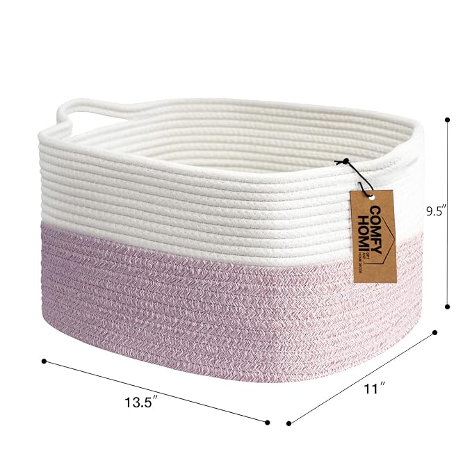 COMFY-HOMI Cotton Rope Woven Basket with Handles for Shelves,Toys,Book, Cloth Storage Baskets Bin for Organizing- 1 PCSToy Decorative Organizer for Living Room, Bathroom