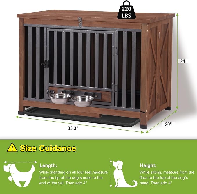 GUTINNEEN Dog Crate Furniture with Bowl for Travel Foldable Dog Crate with Chew-Proof Design Pull-Out Tray Carrying Puppy Cage (Brown)