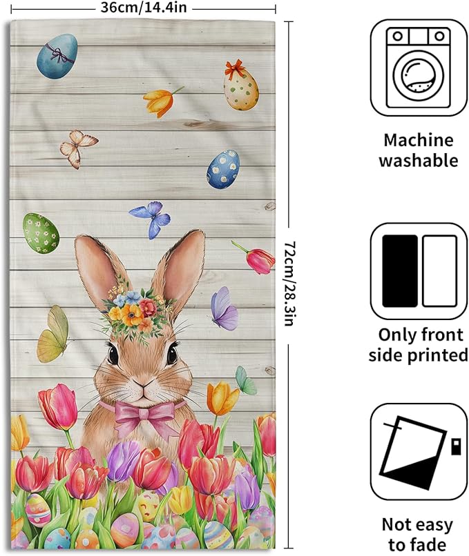 Giwawa Easter Bunny Hand Towels Tulip Floral Eggs Face Tea Towels Set of 2 Absorbent Microfiber Soft Dish Washing Cloth for Kitchen Bathroom Decor