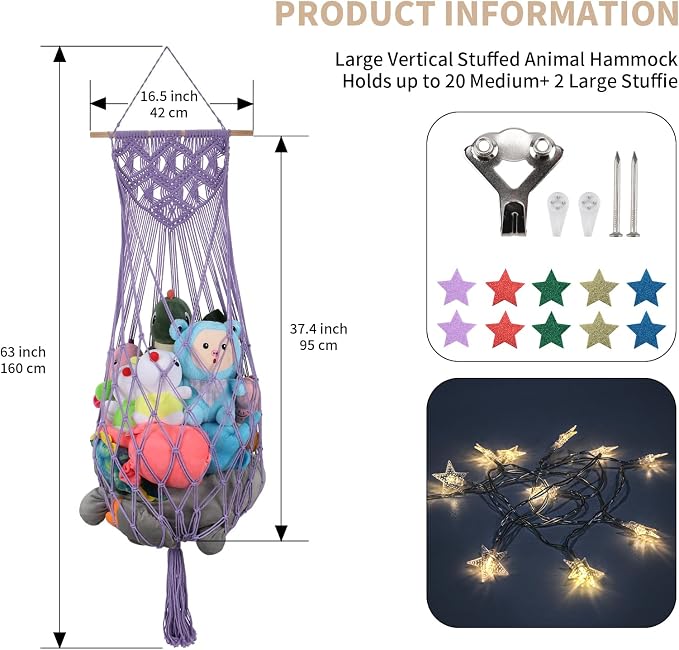 63Inch Stuffed Animal Storage Net Corner,Macrame Toy Hammock,Purple | Wall Ceiling Over Door Hanging Stuffed Animal Hammock Net,Plushies Organizer w/ Star Lights,Nursery Playroom Kid Room Decor
