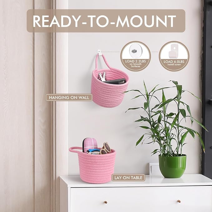 Fabric Wall Hanging Baskets - 3Pack Woven Pouchs Boho Style Wall Mounted Bag with Adhesive Hooks, Storage Organizers and Decoration Pocket Caddy Bins on Door Rack (Bright Pink & White, Large) | Wall Small Bags with Adhesive Hooks, Cotton Rope, Boho Dec...