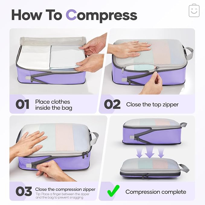 Veken 9/11 Set Compression Packing Cubes Garment Bags for Travel Essentials,Compressible Expandable Luggage Organizer Bags for Clothing,Space Saver Bags with Over 1000 pcs of Mesh Holes(Light Purple)
