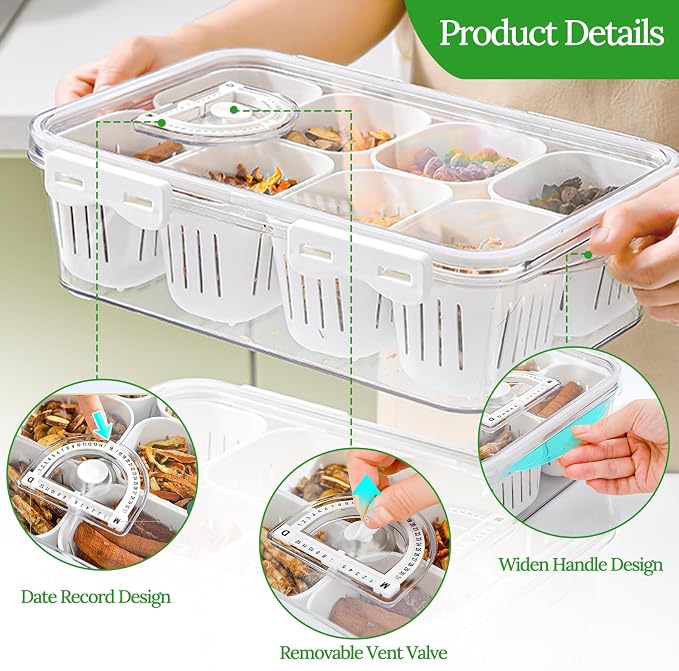 Veggie Tray Divided Serving Tray with Lid, Salad Bar Container for Fridge | Portable Snack Box Container,Food Storage Organizer with 8 Strainers for Fruit,Vegetable, Berry Saver for Refrigerator Picnic
