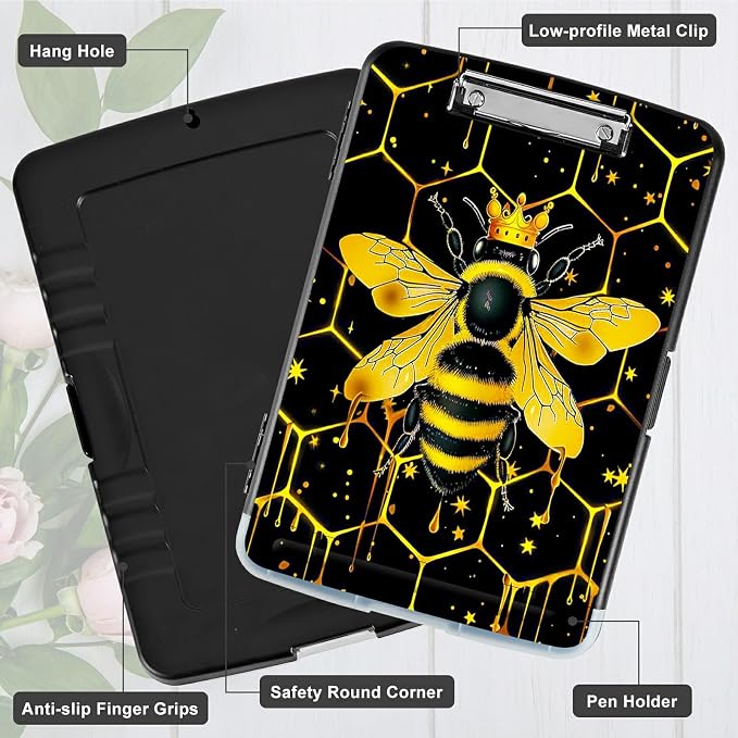 Bee Black Background A4 Clipboard with Storage Pen Holder, Clipboards Organizer Nursing Clipboard Foldable File Folder Plastic Clipboard Folio Clip Board for Office Students Classroom