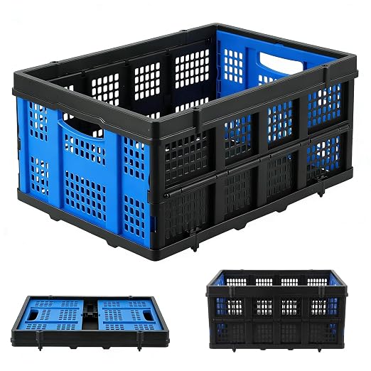 Garvee Collapsible Crate, 55L Foldable Plastic Milk Storage Crate, Blue | Heavy Duty Stackable Plastic Crates Folding Storage Baskets for Groceries, Moving, Camping & Car Storage