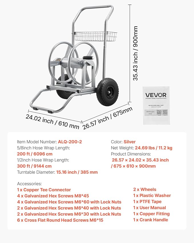 VEVOR Hose Reel Cart, 200/300ft High-Pressure Garden Hose Cart, Hoses Reel Carts with Two Wheels, Handle & Heavy-Duty Mesh Storage Basket, Dual-Purpose Portable Hoses Reels for Garden, Car, Pet