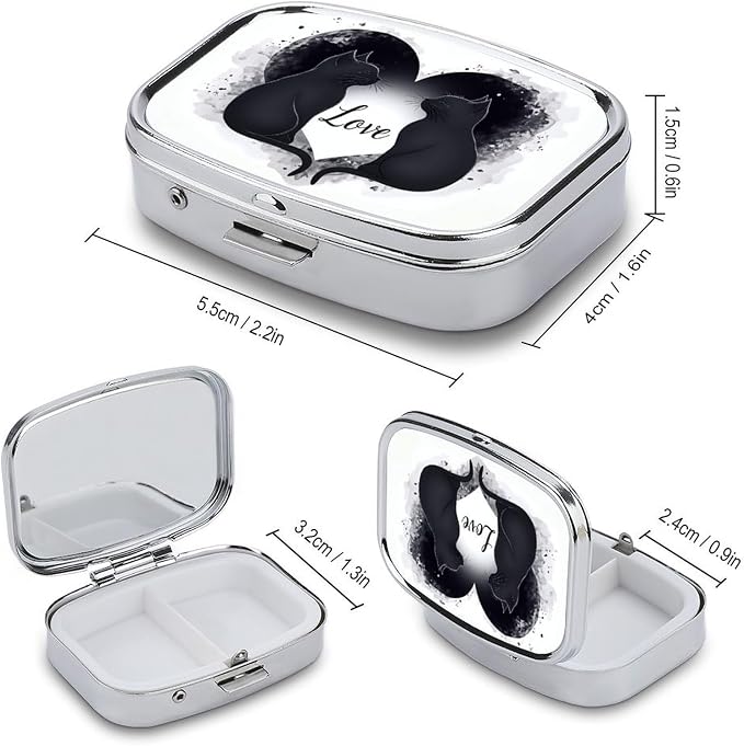 Loving Cats Durable Metal Pill Case for Daily Use, 2 Slot Medicine Box Organizer,Leak Proof Travel Pill Container for Vitamins, Compact Pocket Medicine Holder for Seniors,Holiday Gift