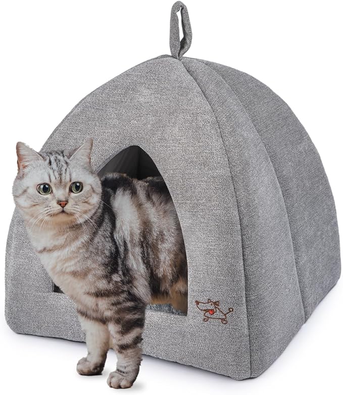 Best Pet Supplies Cat Bed for Indoor Cat, Domed Tent House with Removable Pillow, Covered Cat Cave for Small Dog, Puppies and All Breeds of Cats - Gray, 16 x 16 x H:16"