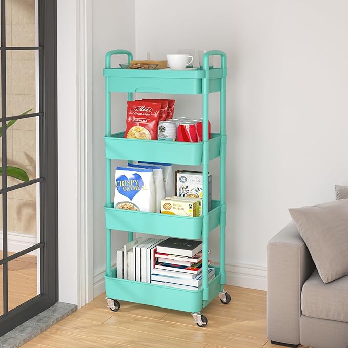Calmootey 4-Tier Utility Cart with Drawer & Wheels, Storage for Home,Office | Space-Saving Organizer, Sturdy Plastic Shelves, Smooth-Rolling Metal Wheels, Built-in Drawer for Small Items, Green